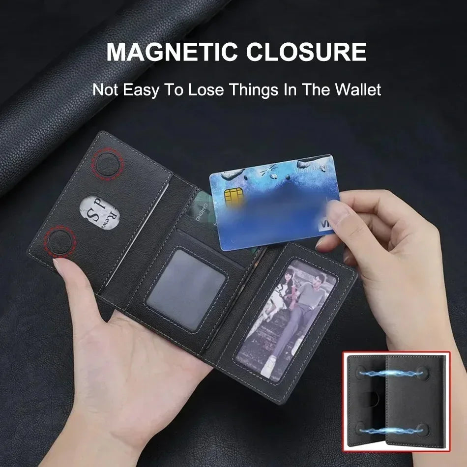 Black PU leather card holder wallet with magnetic closure, cards inside