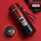 Red LED thermos flask with 60°C digital display and wrist strap