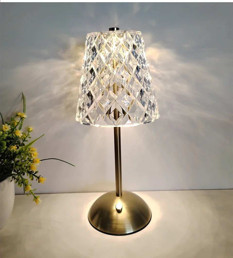Cordless dimmable night lamp with faceted crystal-style shade and gold base