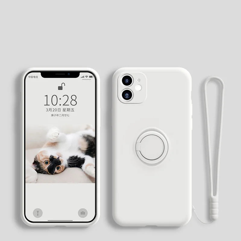 Silicone MagSafe phone case in white with circular ring and matching hand strap
