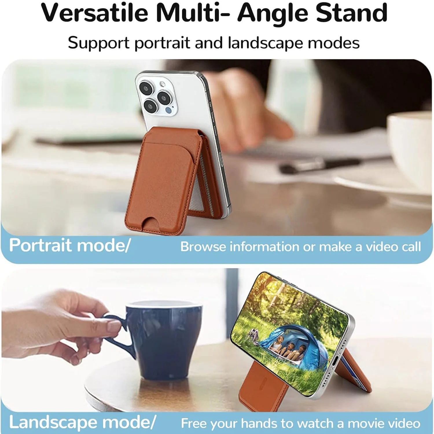 MagSafe wallet stand in brown leather-style with multi-angle foldable phone support