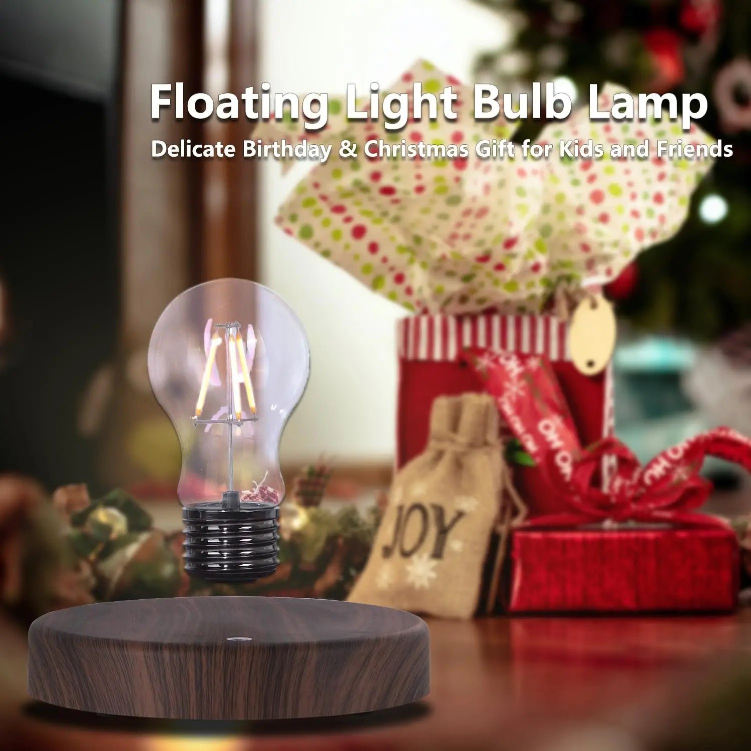 Levitating light bulb lamp on round wooden base with warm glow