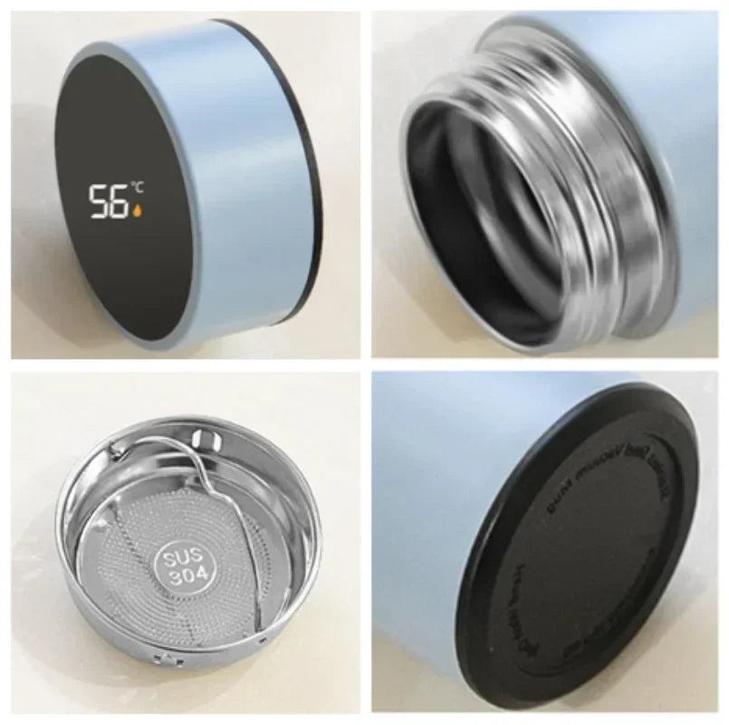 Compact smart thermos lid underside: stainless mesh and black seal with 56°C display