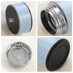 Compact smart thermos lid underside: stainless mesh and black seal with 56°C display