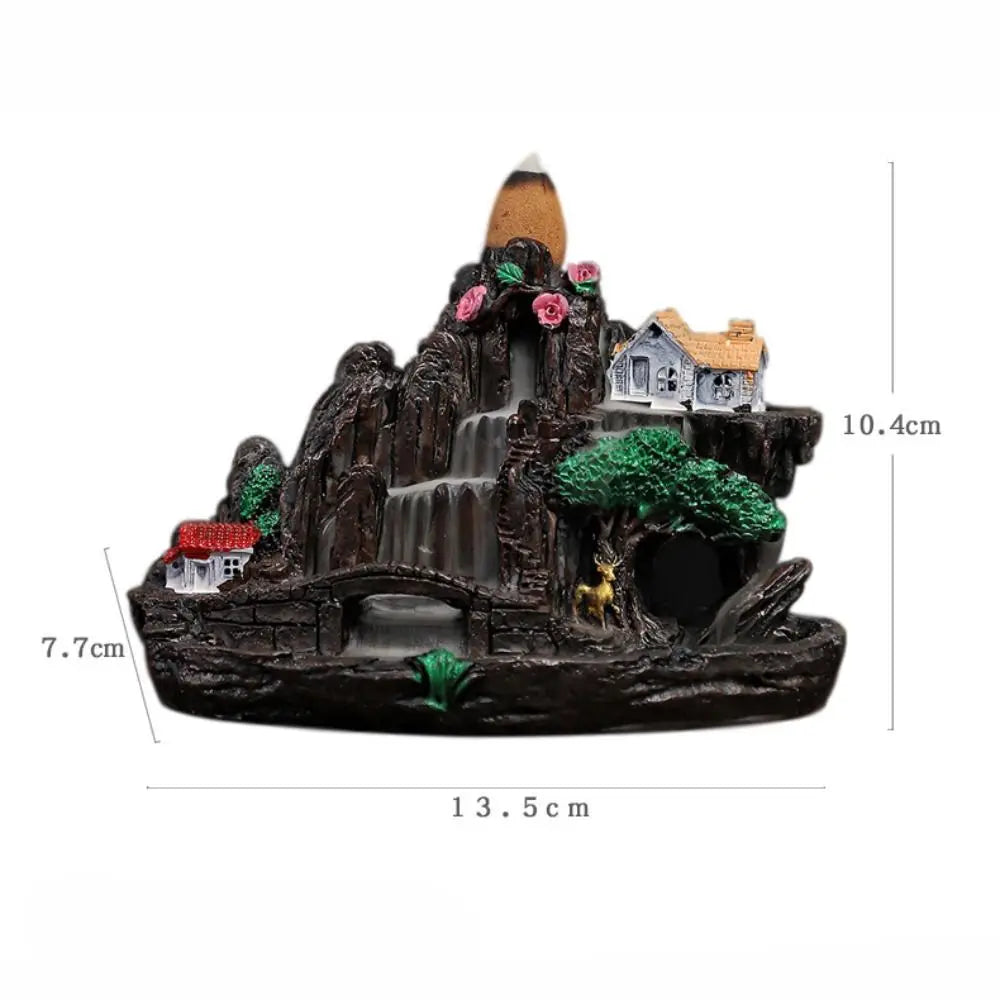 Dimensions diagram of Fairy Mountain backflow incense holder, 13.5cm x 7.7cm x 10.4cm