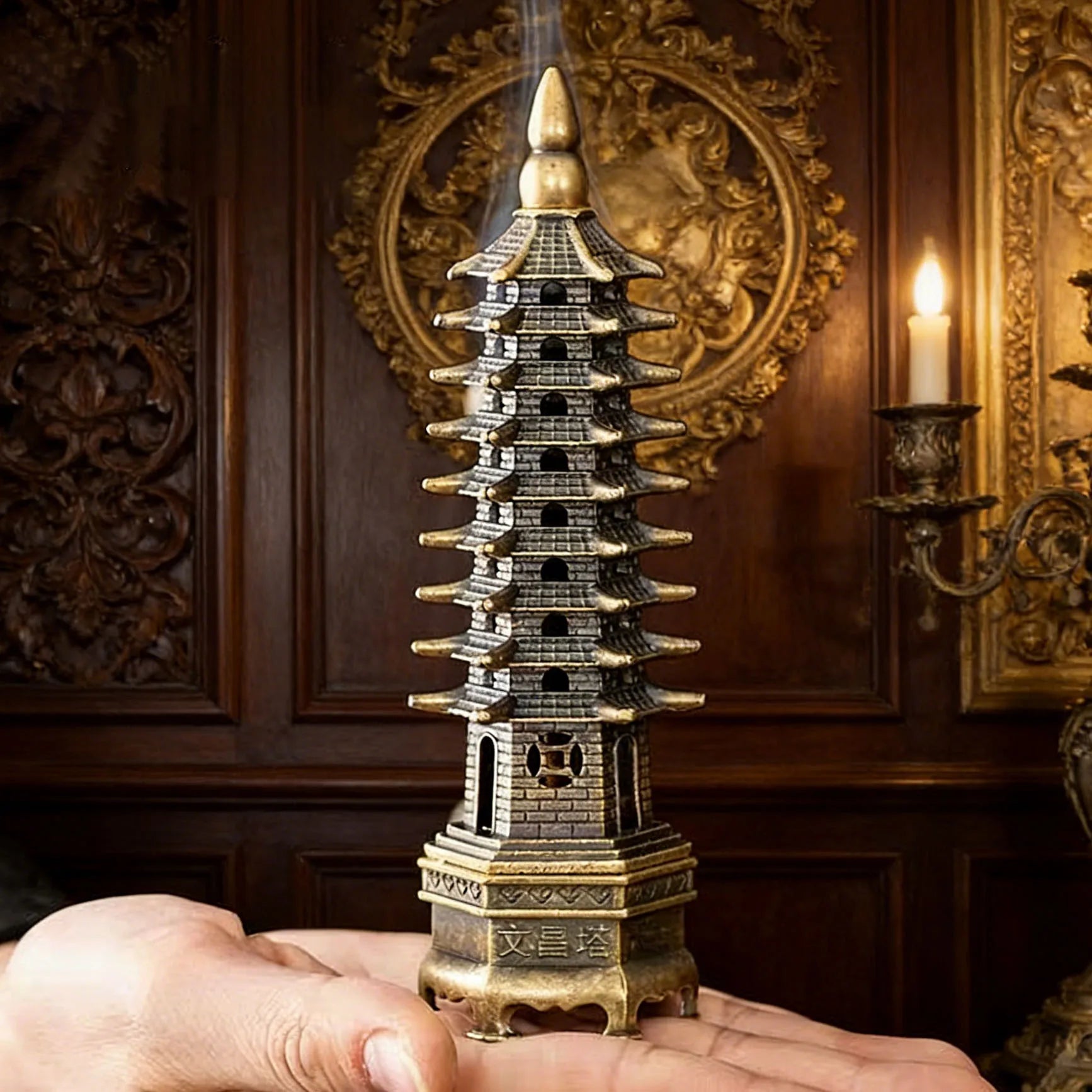 Classical pagoda incense stand with gold finial and black tiered body