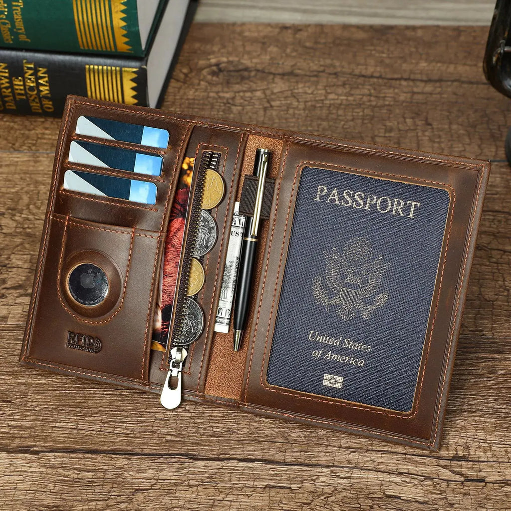 Brown leather passport wallet with card slots, pen holder, and zip coin pocket open
