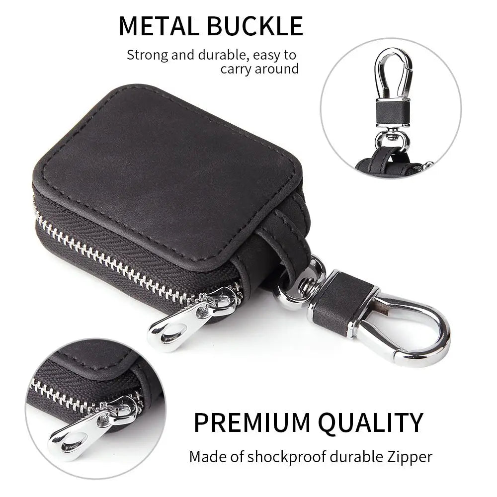 Black leather case with metal carabiner buckle and zipper opening