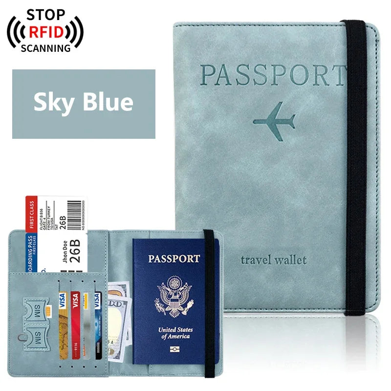 Sky blue RFID passport wallet with airplane icon, side strap and card compartments
