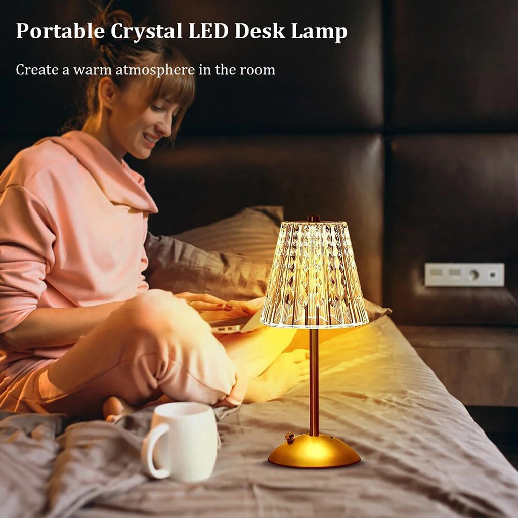 Champagne gold portable crystal desk lamp with glowing patterned shade and gold base