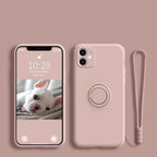 Silicone MagSafe phone case, soft pink with circular MagSafe ring and camera cutouts.