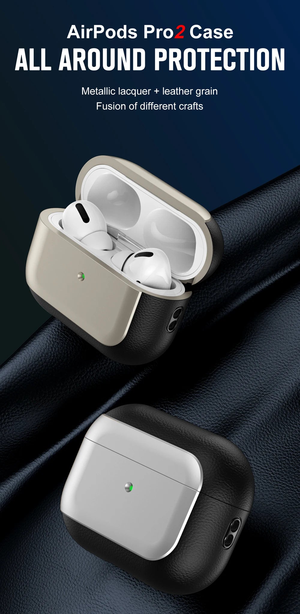 Champagne gold AirPods case with AirPods inside, black leather exterior with seam