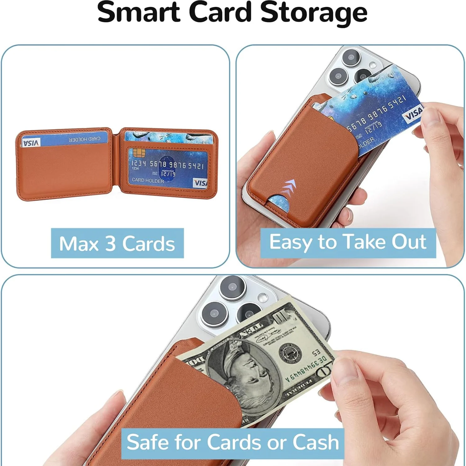 MagSafe wallet stand with brown card slots and visible card pocket on phone