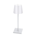 Pearl white LED desk lamp with rectangular base and fabric-like light shade