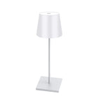 Pearl white LED desk lamp with rectangular base and fabric-like light shade