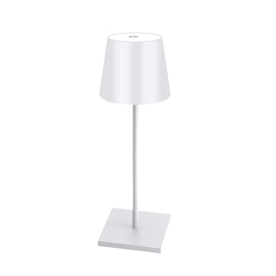 Pearl white LED desk lamp with rectangular base and fabric-like light shade