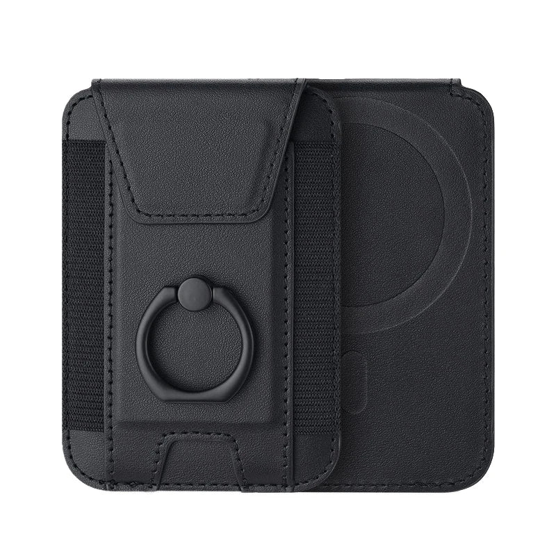 Black magnetic card wallet with ring clasp and front card pocket