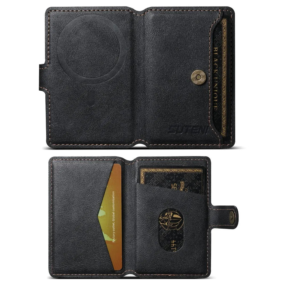 Black leather MagSafe phone wallet with embossed magnetic circle and card slots