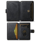 Black leather MagSafe phone wallet with embossed magnetic circle and card slots