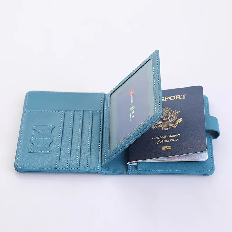Blue passport holder opened: card pockets and SIM slots for travel documents
