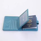 Blue passport holder opened: card pockets and SIM slots for travel documents