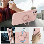 Pink silicone MagSafe phone case with circular ring stand and camera cutouts