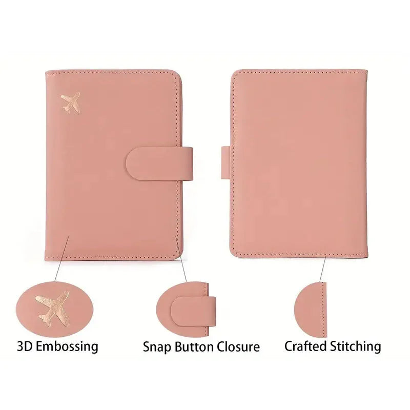 Blush pink passport folio set with snap closure, stitched edges, and embossed airplane detail