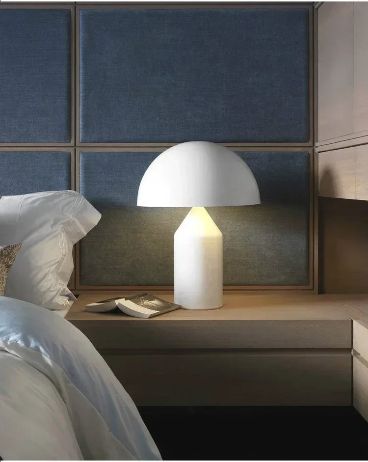 White mushroom table lamp with domed shade and glowing white glass base