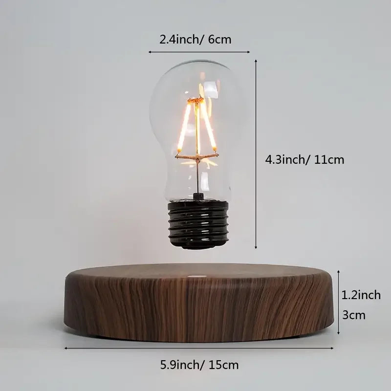LED night lamp with clear bulb on dark wooden base; size 5.9 in x 3 in