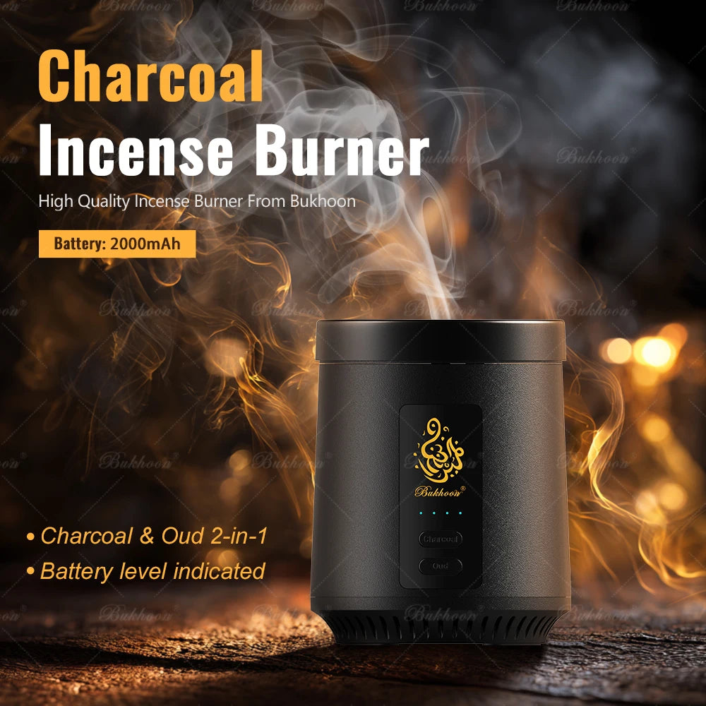Portable incense burner with battery level lights and smoke rising from top