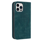 Teal leather phone wallet case with camera cutout and circular front pocket