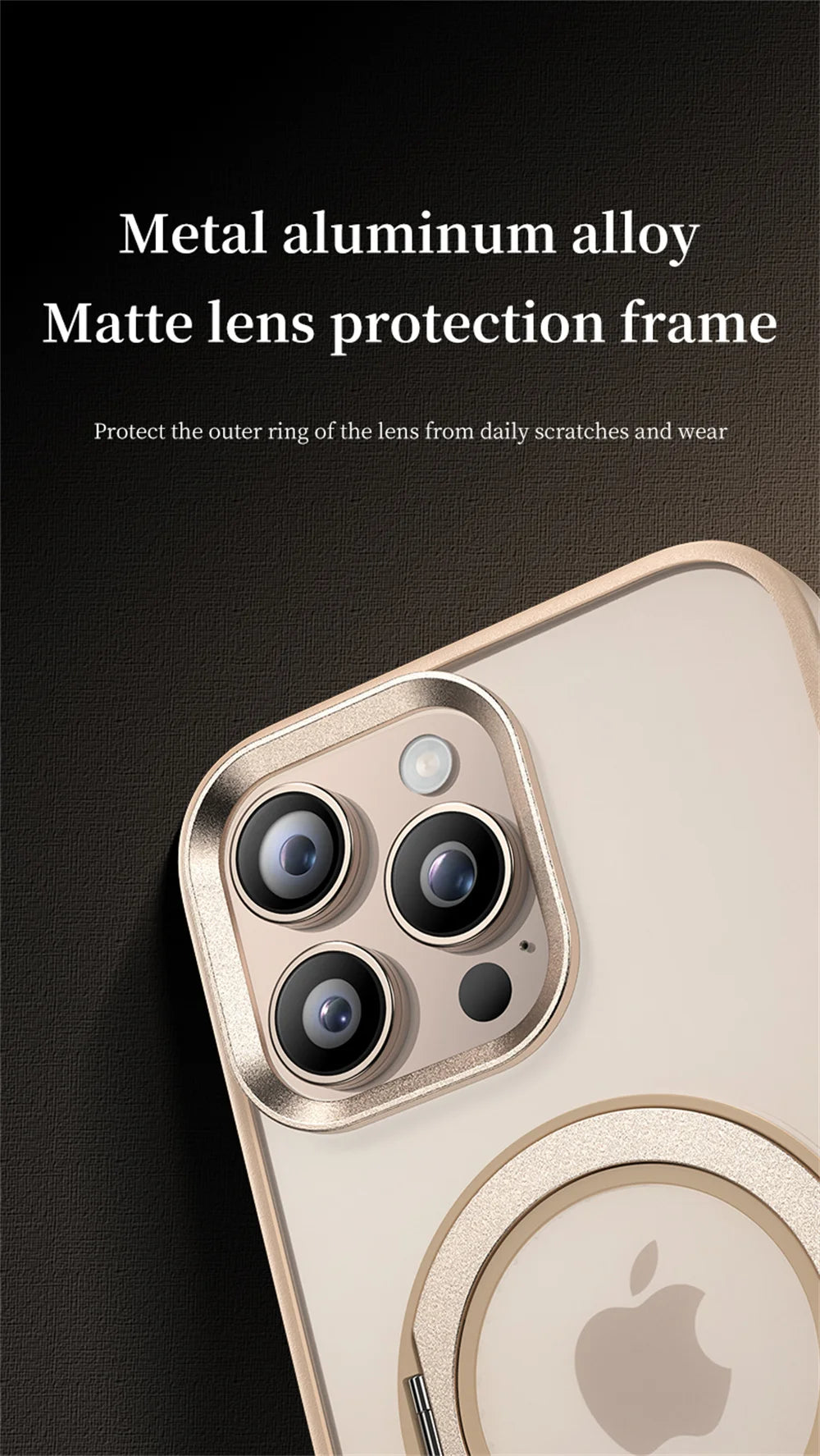 Pearl white phone case with metal lens frame and rotating MagSafe ring