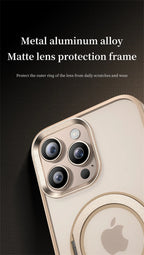 Pearl white phone case with metal lens frame and rotating MagSafe ring
