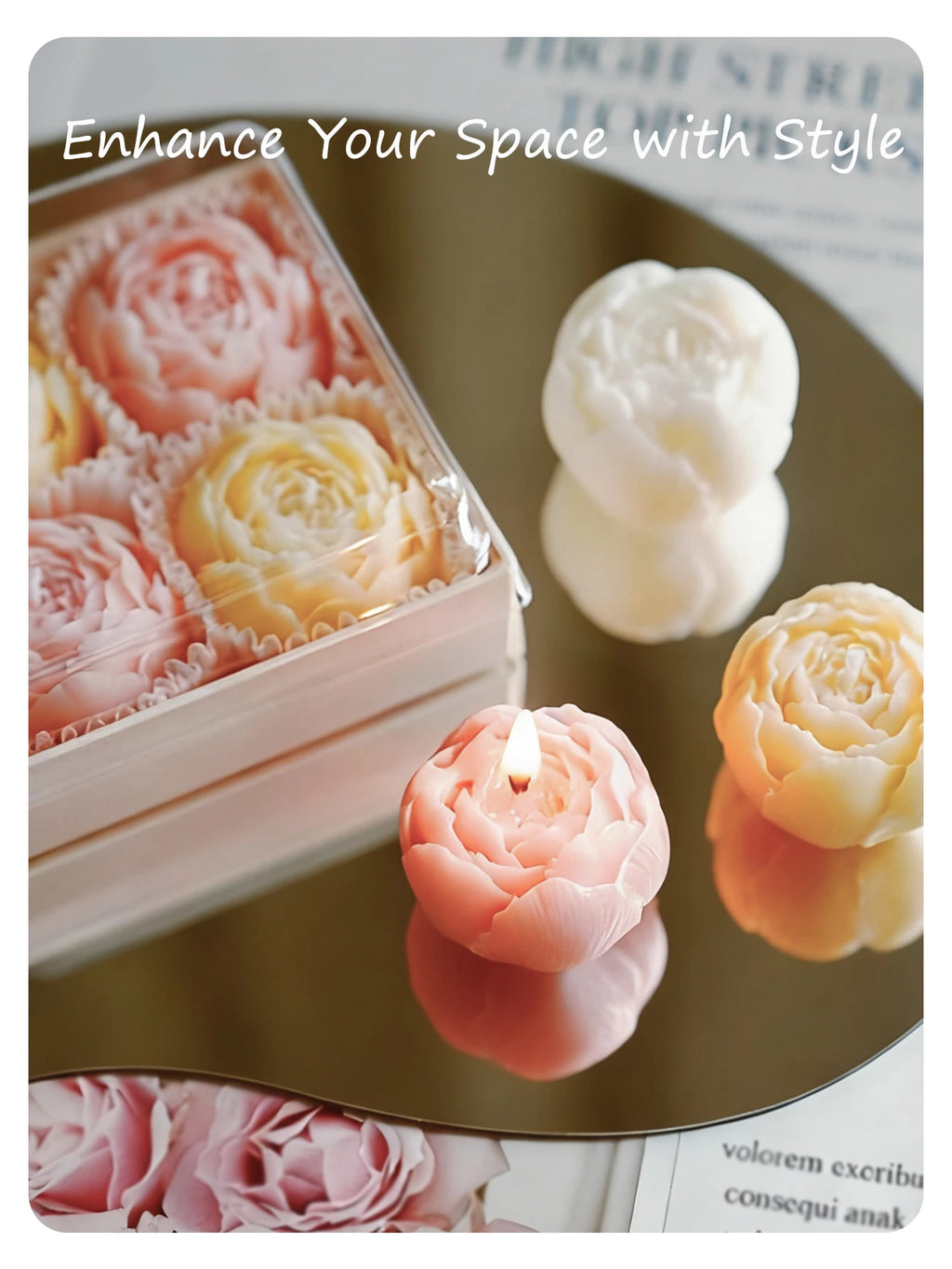 Rose scented candle gift box set with lit peach, white, and pink rose candles