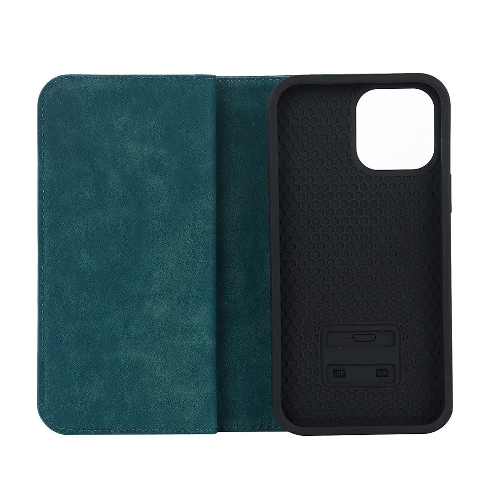 Teal MagSafe wallet folio with front cover and textured phone back case