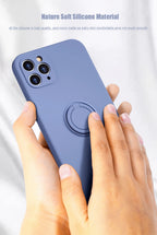 Silicone MagSafe phone case in blue-gray with camera cutouts and circular MagSafe ring