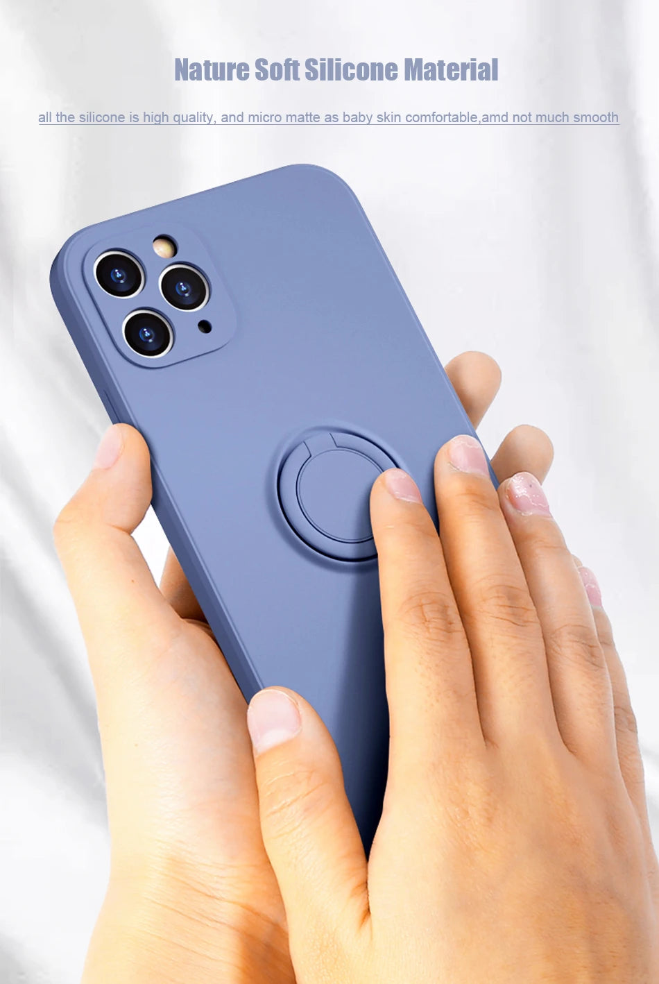 Silicone MagSafe phone case in blue-gray with camera cutouts and circular MagSafe ring