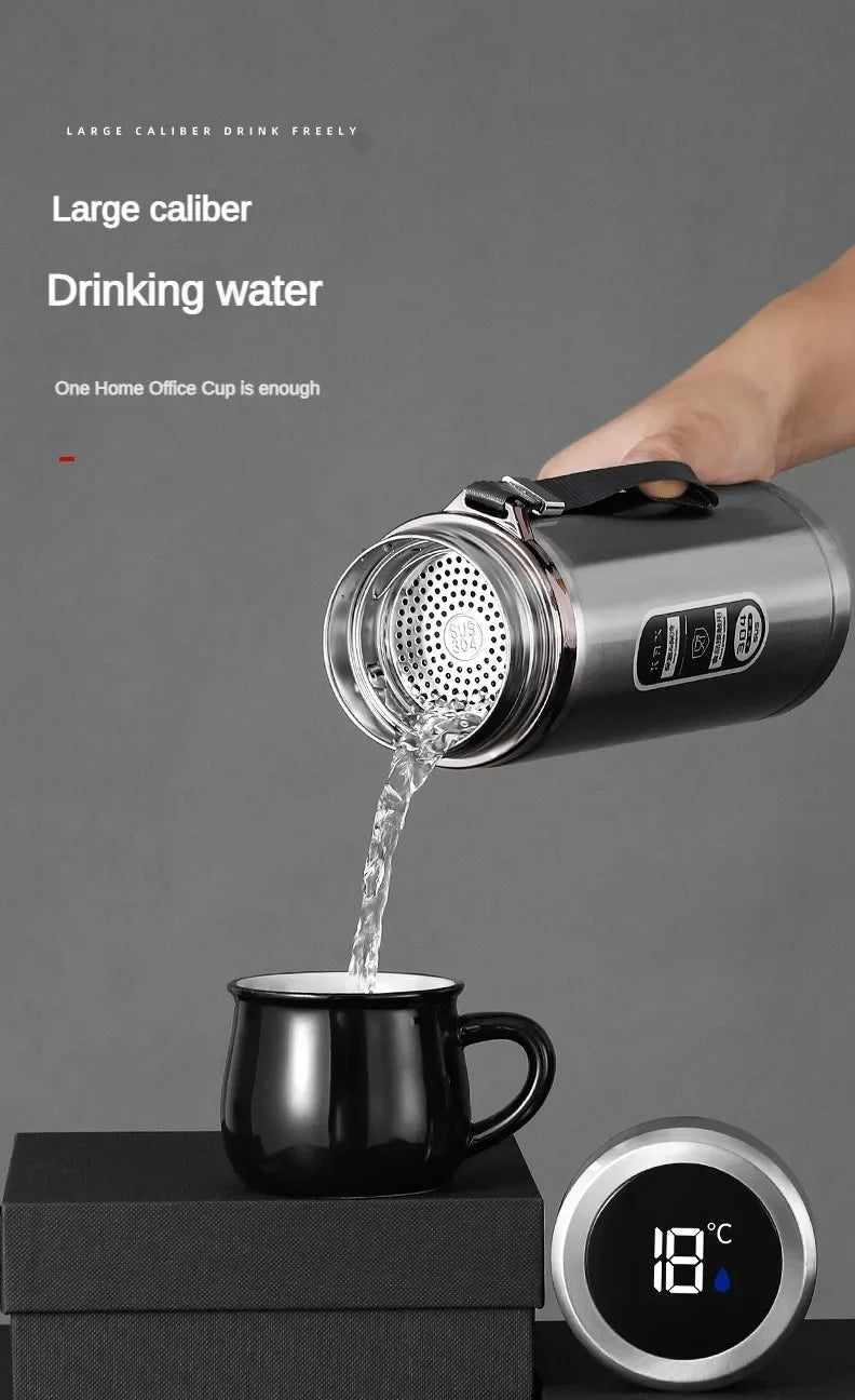 Stainless thermos with large-mouth filter and 18°C LED temperature display