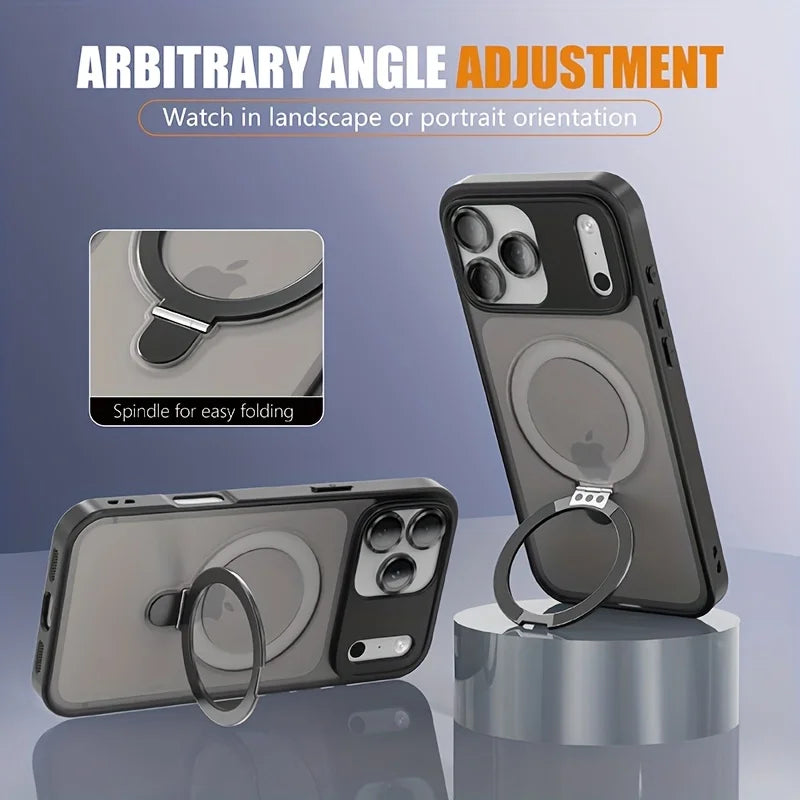 Matte MagSafe phone case with ring holder, dark gray finish, camera cutouts and stand