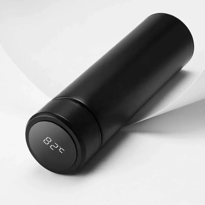 Black dual-wall smart thermos with LED display showing 22°F, side view
