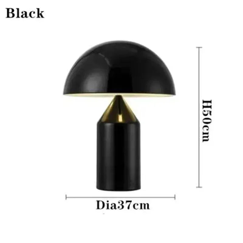 Black mushroom LED table lamp with dome shade and taller cylindrical base