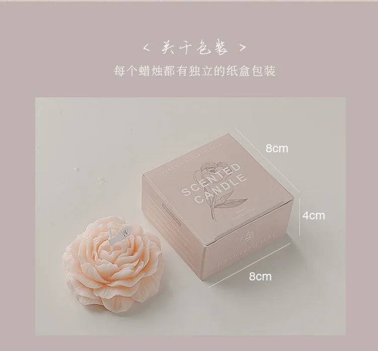 Peony sculptural candle with cream-pink flower design and scented candle box