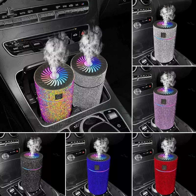 Car aroma diffuser, rainbow rhinestone cylinder with glowing fan top and vapor