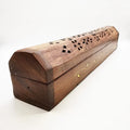 Carved rosewood incense box with perforated top and floral cutouts, closed lid