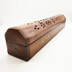 Carved rosewood incense box with perforated top and floral cutouts, closed lid