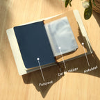 Open vegan leather passport holder showing card slots and a notebook-style compartment