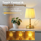 Champagne gold touch table lamp with ribbed shade; step-free dimming brightness shown