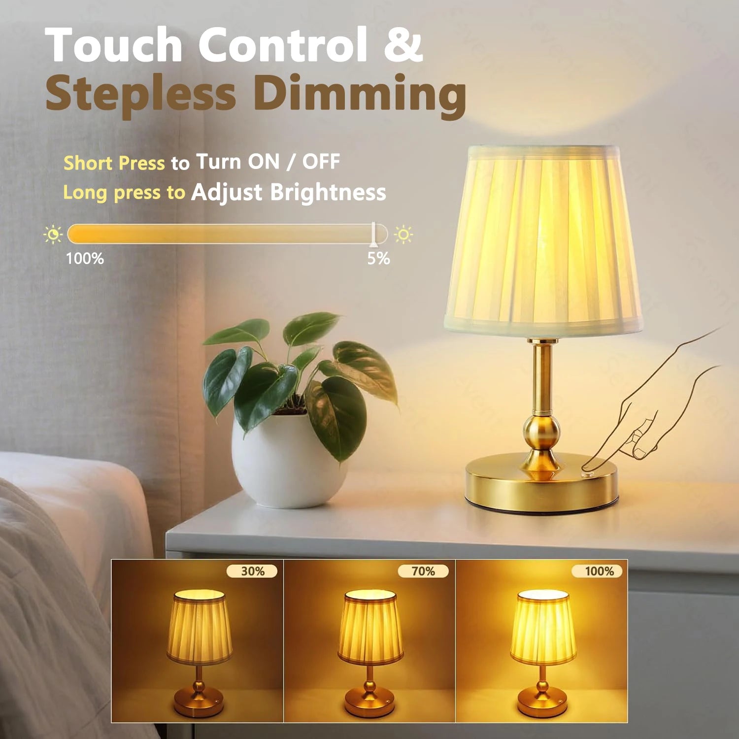Champagne gold touch table lamp with ribbed shade; step-free dimming brightness shown