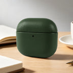 Dark Green eco leather AirPods case, closed with pebble-grain texture