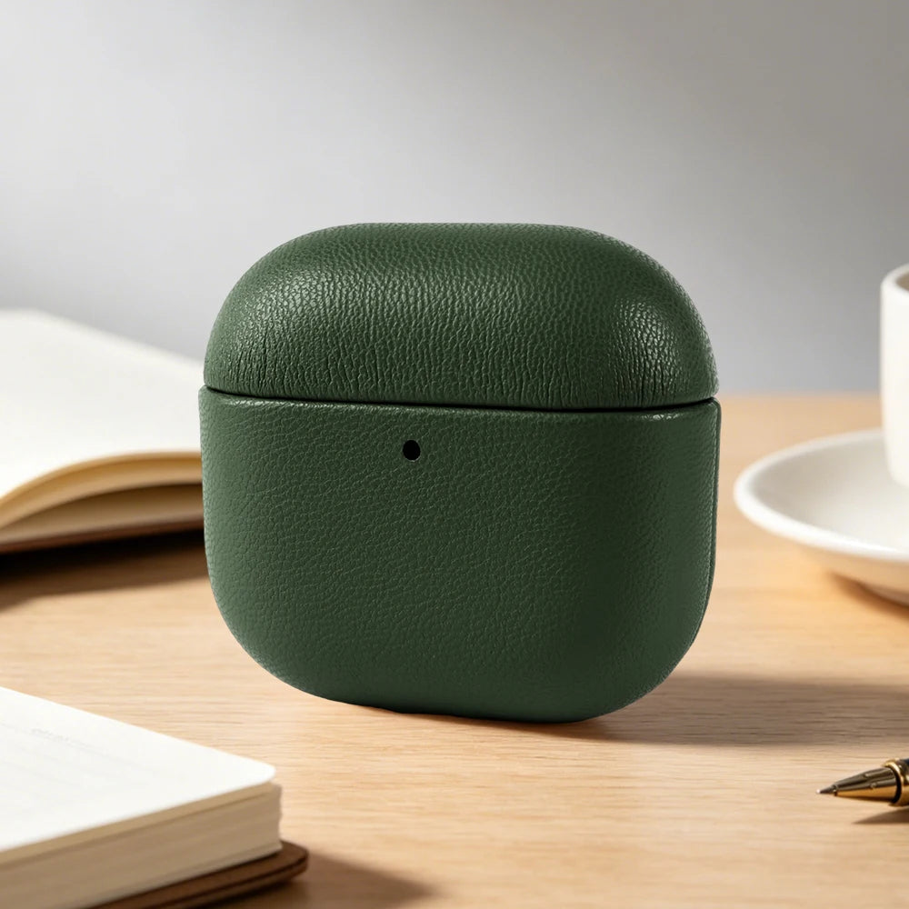 Dark Green eco leather AirPods case, closed with pebble-grain texture